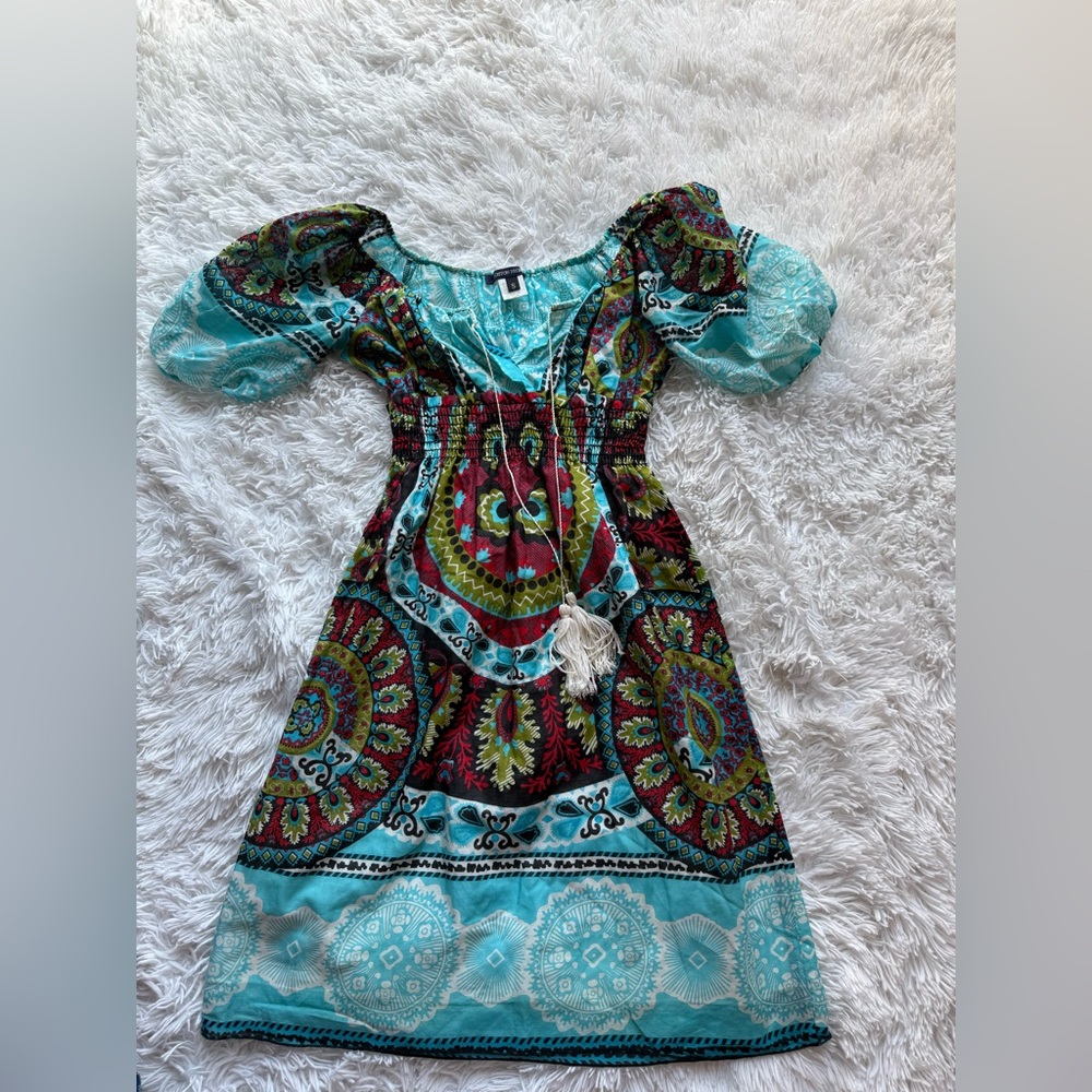 Boston Proper Turquoise & Multi-Print Boho Short Dress
